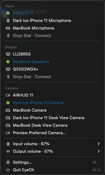 EyeOh showing disconnected Onyx Star Connect shortcuts under Input and Output
