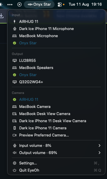 EyeOh menu showing selected audio routes and available iPhone camera options