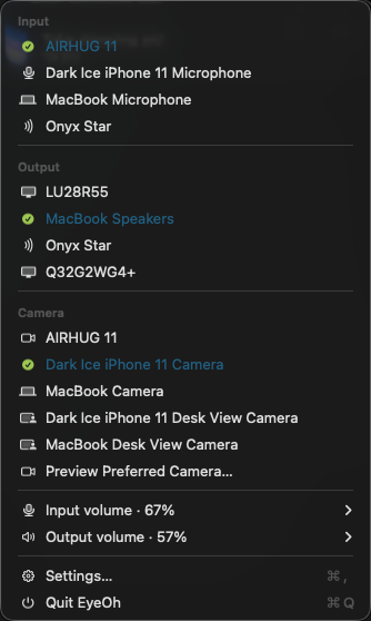 EyeOh menu showing Mac microphones, speakers, cameras and volume controls