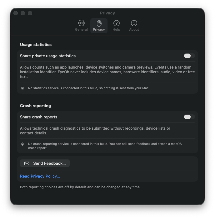 EyeOh Privacy settings stating that no statistics or crash-reporting service is connected