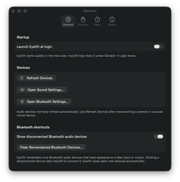 EyeOh General settings showing launch at login and Bluetooth shortcut controls
