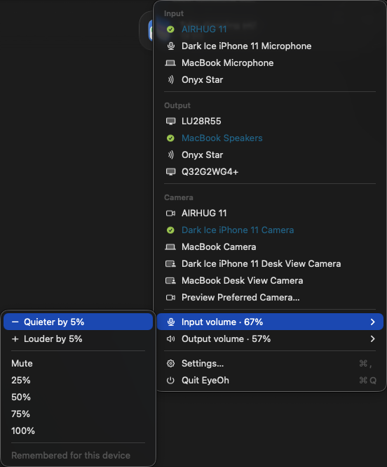 EyeOh input-volume menu with quieter, louder and percentage presets